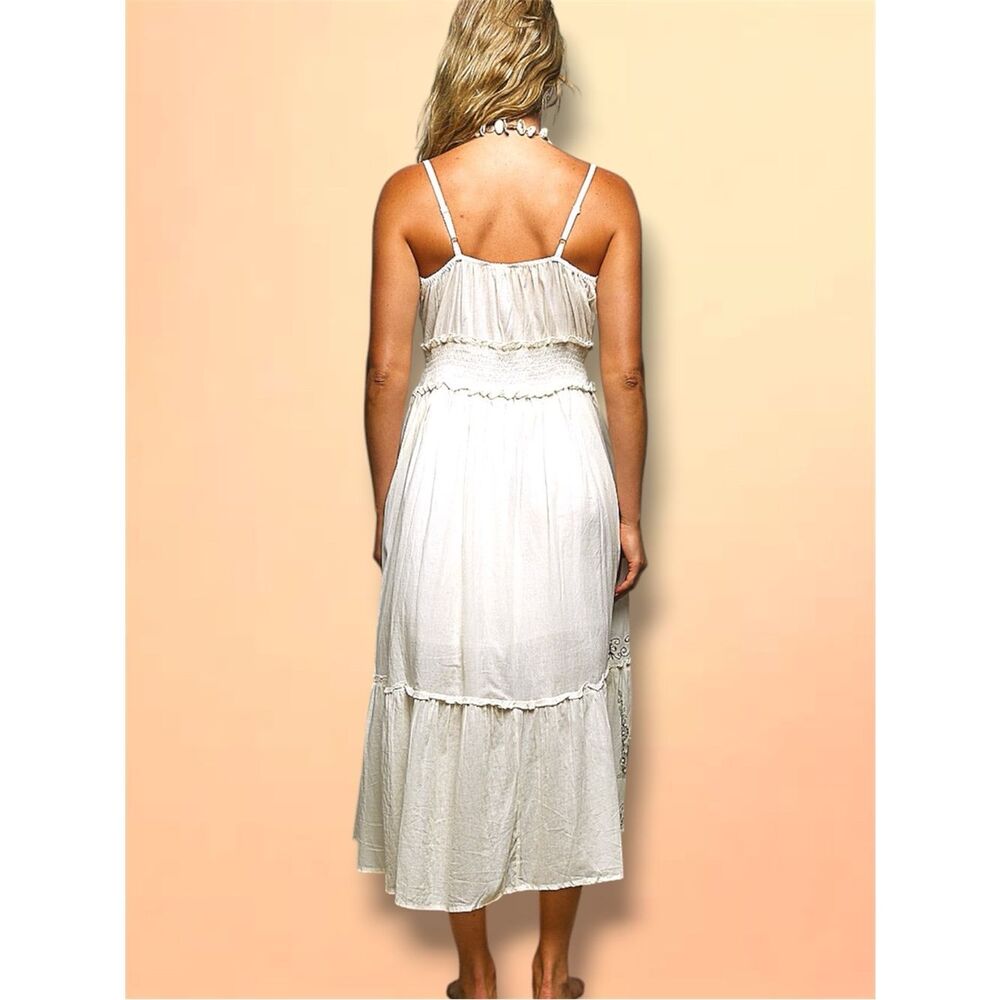 POLโBoho Embroidered Smocked Waist Midi Dress Cream Cottagecore Cami Dress NEW - Picture 5 of 16